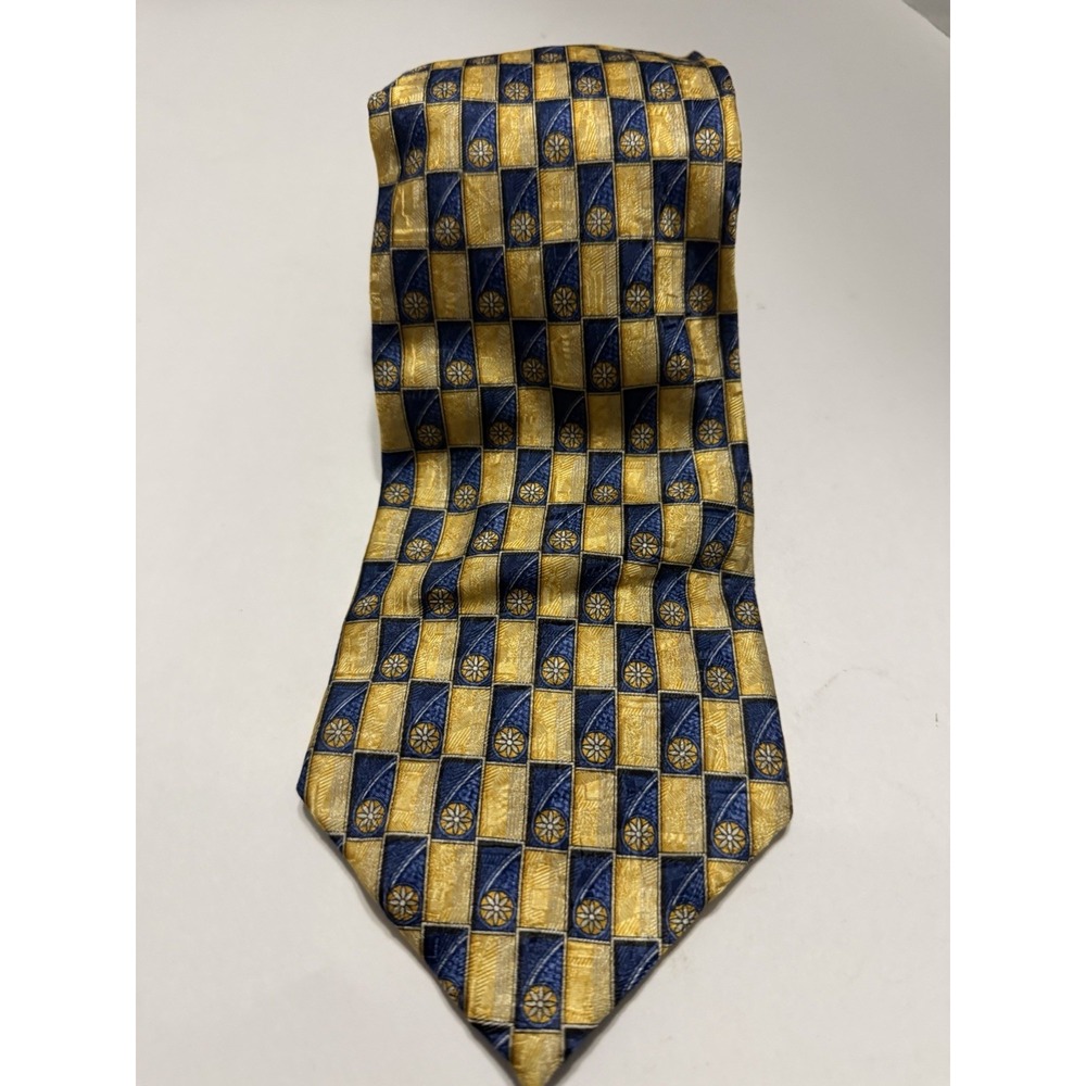 Citta Alta Mens Silk Necktie Gold Navy Blue Geometric Floral Medallion Check Tie